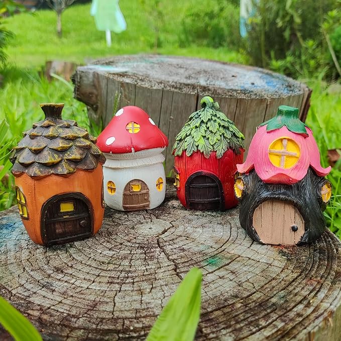 POPKER 4Pcs Miniature Fairy Garden House, Mini Mushroom Cottage House, Fairy Accessories for Micro Landscape, Garden, Yard, Patio, Outdoor, Decorations, Gifts