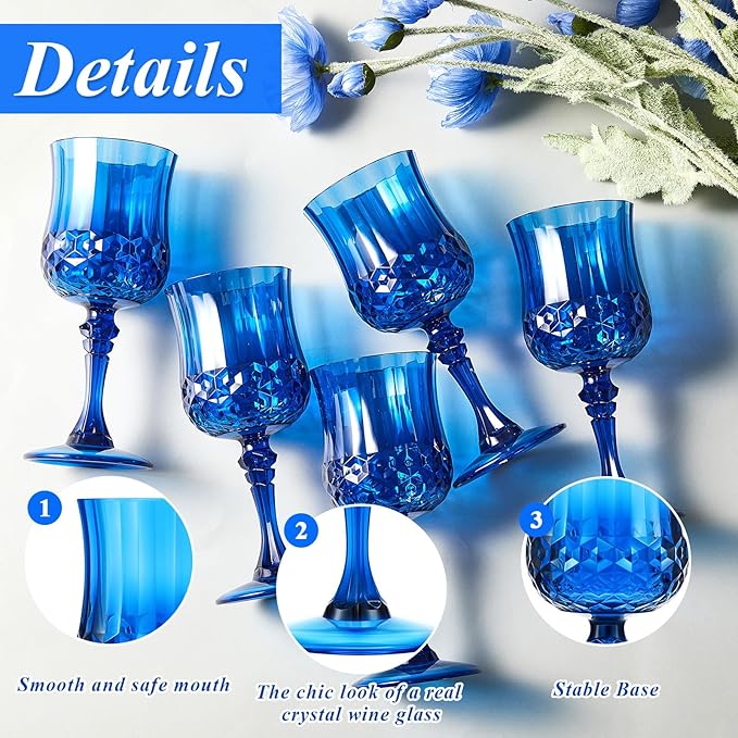 Pinkunn 12 Pcs 7 oz Plastic Vintage Wine Glasses Reusable Colored Goblets Patterned Drinking Water Glasses Cup Dishwasher Safe for Valentine's Day Wedding Reception Party Supplies (Dark Blue)