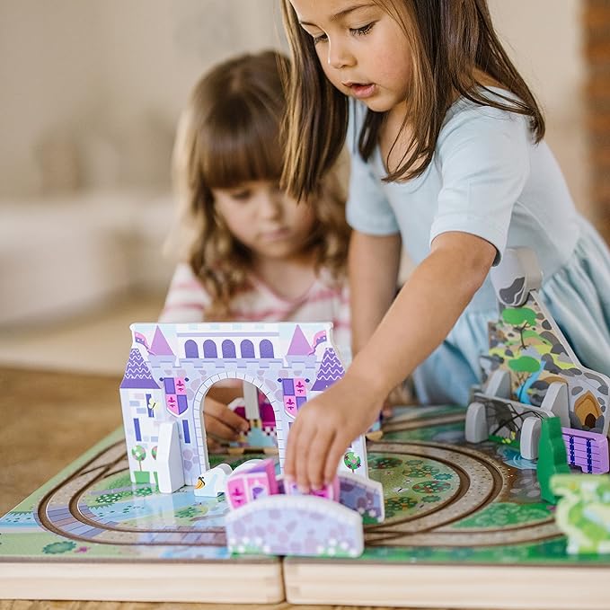 Melissa & Doug 19-Piece Wooden Take-Along Tabletop Kingdom – Carriage, Horse, Unicorn, Dragon, More