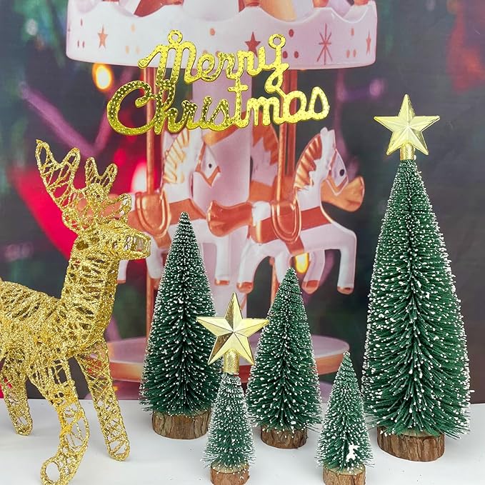 MTKZKAF 5 PCS Table top Christmas Pine Tree Bottle Brush Christmas Trees with Wooden Bases for Village Holiday Party Christmas Table Decor