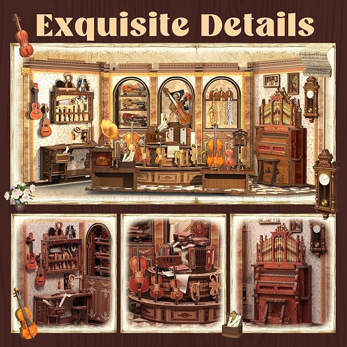 Cutefun Book Nook Kit - DIY Miniature Dollhouse Booknook Kits for Adults Teens, Musical Instrument Shop 3D Wooden Puzzle Bookend Bookshelf with LED Light, Gifts for Family and Friends (Bach Strings)