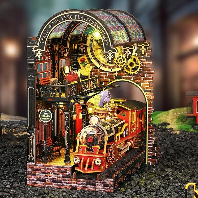 Book Nook Kit - DIY Miniature Dollhouse Booknook Kit with Steam Train, 3D Wooden Puzzle Bookend Bookshelf Insert Decor with LED, DIY Adults Crafts Kit Gifts for Family Friends