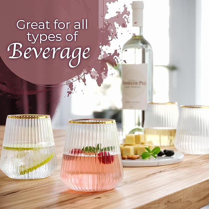 Exquisite 48 Pcs Unbreakable Stemless Plastic Wine Glasses Disposable Wine Glasses Stemless 12 Oz Gold Rimmed Plastic Cups Reusable Clear Party Cups Disposable Cocktail Glass For Weddings & Events