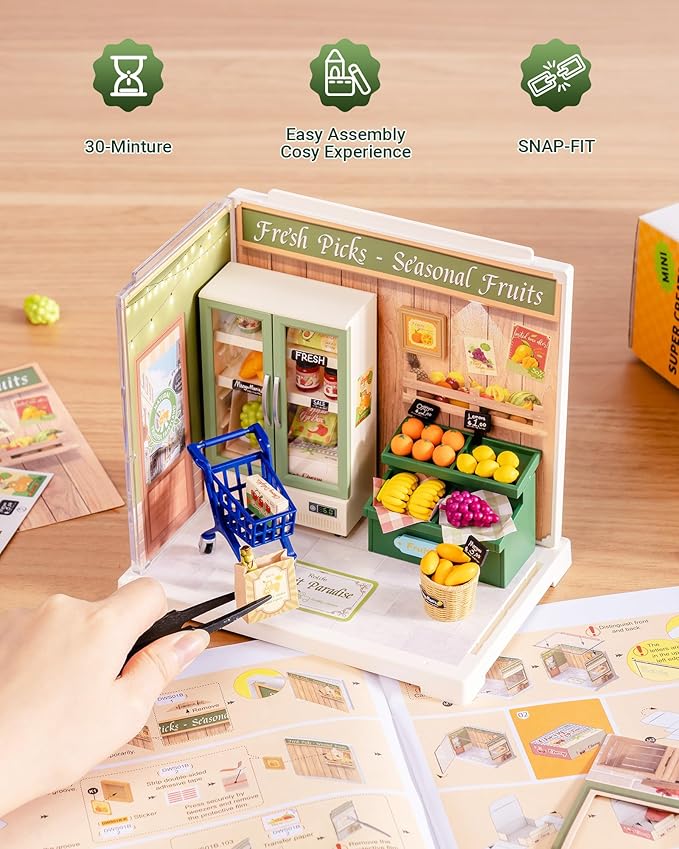 Rolife Super Creator Mini Series Fruits Shop, DIY Plastic Miniature Kits Retail Store Series, Mini Model House Building Set for Teens Aged 14+, DIY Crafts/Hobbies for Adults (Nature Energy Fruits)