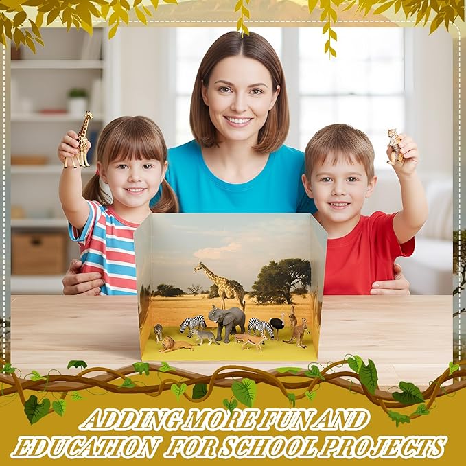 AmazingSpark 2 Set Grassland Style Diorama Box and Fake Grass Decor, Safari Animal Diorama Project Supplies Set, Cardboard Display Case Kit & Artificial Grass with Double Sided Tapes for DIY Crafts
