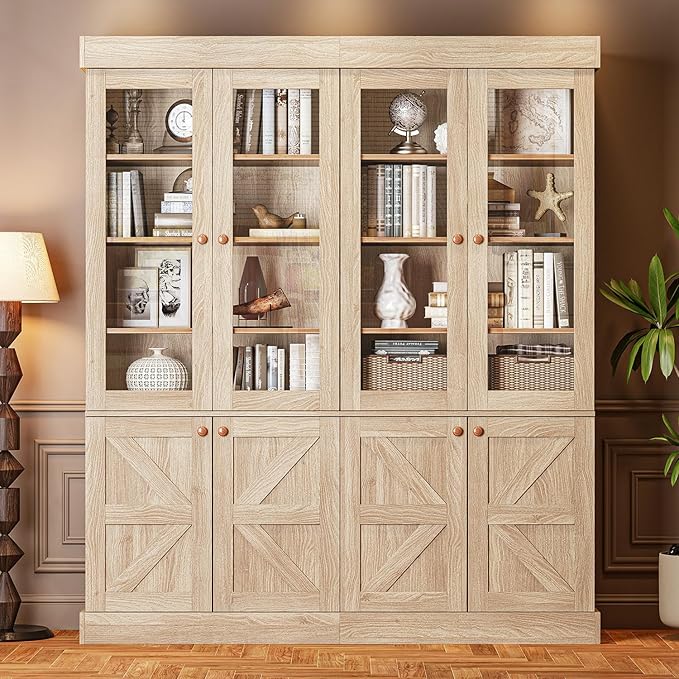 71" Tall Farmhouse Kitchen Pantry, Rustic Large Storage Cabinet with Glass Doors, Adjustable Shelves, Wood Versatile Hutch Cabinet for Dining Room, Living Room, Brown