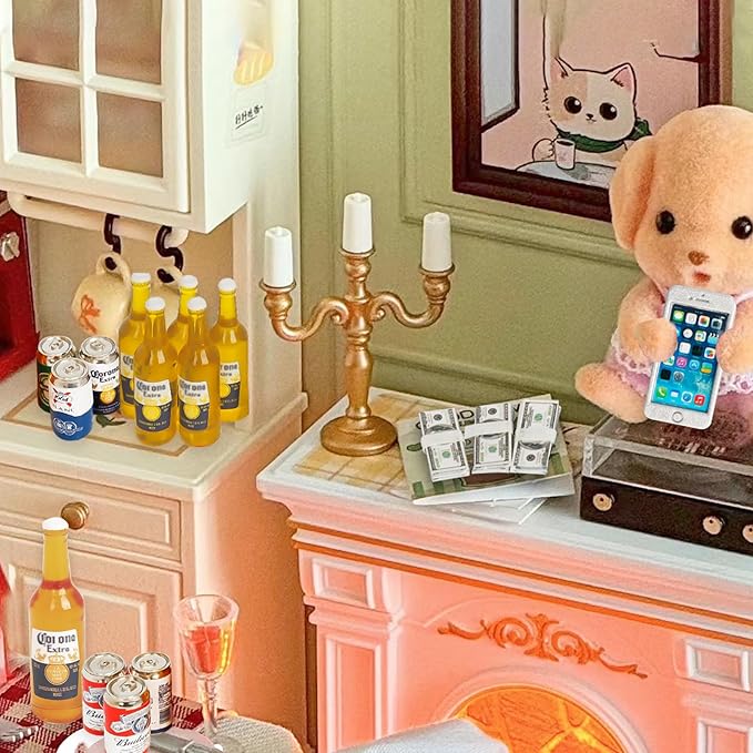 Hiawbon 24pcs Mini Beer Bottles Set, 1:12 Scale Miniature Beer Cans Glass Mini Laptop Tablet Smart Phone Dollar Bills Set, Miniature Scene Model for Fairy Garden Pub Bar Decoration Computer Simulation