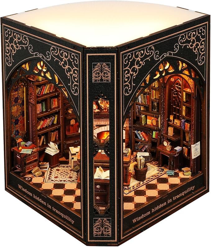 Book Nook Kit – 3D Wooden Puzzle Miniature Dollhouse, DIY Craft for Teens and Adults, Vintage Design with LED Lights and Touch Switch（Classical Library）