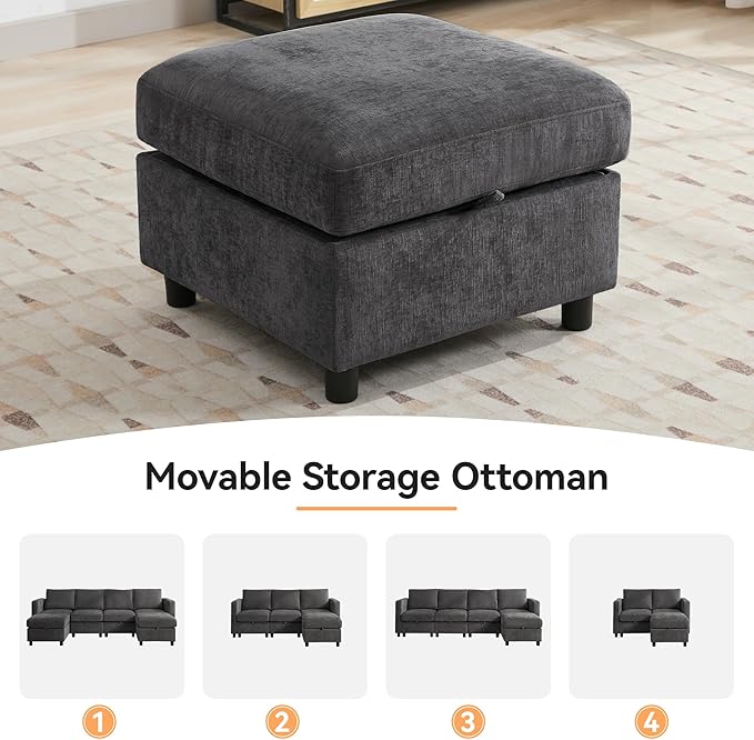 25" Square Storage Ottoman for Modular Couch, Convertible Footrest with Hidden Compartment, Chenille Upholstered Coffee Table & Extra Living Room Seating, Dark Grey