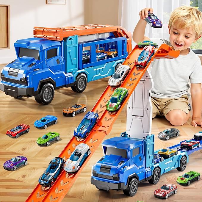Toddler Car Truck Toys for 3 4 5 6 7 8 Years Old Boys, Transporter Truck Toy Track Set with 12 Die-Cast Car Toys, Toy Gifts for 3 4 5 6 Year Old Boys Kids