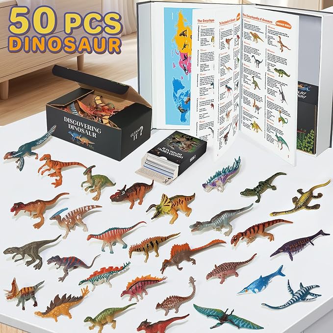 Dinosaur Toys Book with 50 PCS Different Dinosaurs Figures & Pokers,Interactive Perfect for Kids Dinosaurs Educational Toys for 3 4 5 6 7 8 12 Year Old Boys&Girls