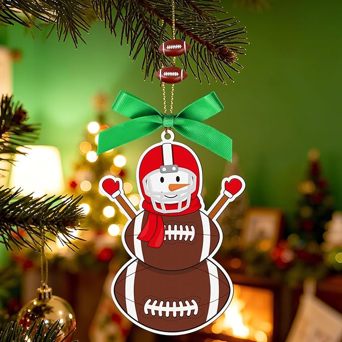 4.3 Inches Snowman Football Christmas Ornament, Wooden Football Snowman Tree Ornament Hanging Decoration for Rearview Mirror, Window, Eaves, Fireplace and Home Holiday Party Decor