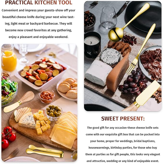 Charcuterie Board Accessories Spreader Knife Set Cheese Butter Spreader Knife Charcuterie Utensils with Wooden Handles Mini Serving Tongs Spoons Forks for party Wedding Christmas (Gold, 18 Pieces)