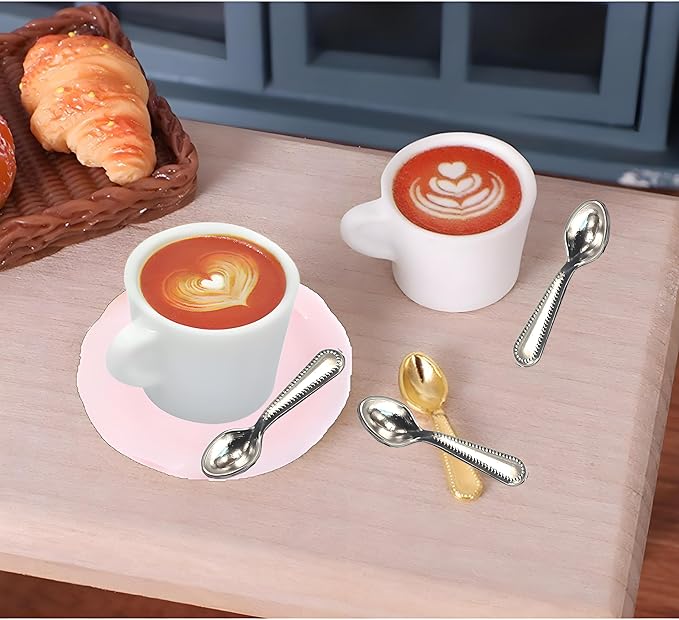 4Sets Kitchen & Dining Theme Miniature Dish Set – 1:12 Scale Plates,Spoons & Coffee Cups,Realistic Porcelain Tableware for Dollhouse,Miniature Dinner Accessories,DIY Display&Decorative Utensils (Pink)