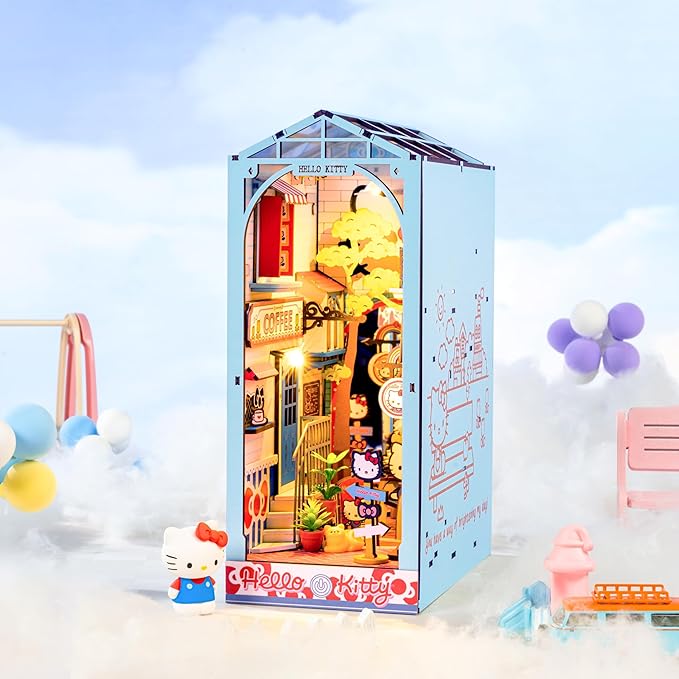 Hands Craft DIY Miniature Kit Book Nook - Hello Kitty Town Square | Whimsical Miniature Scene | Intricate Design, Adorable Charm | LED Lights | Bookshelf Decor | Gift for Hello Kitty Fans
