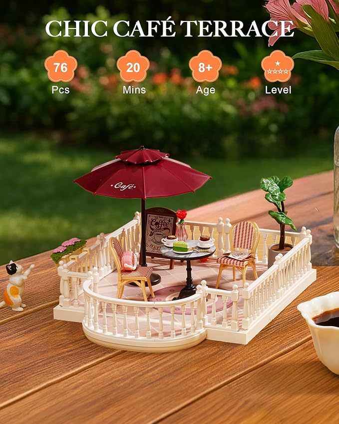 Rolife Super Creator Series Accessroies, DIY Mini Flower Garden Scenery Kit, Miniature Dollhouse Castle Building Kit's Part, Chic Café Terrace Gift for Kids Adults Women