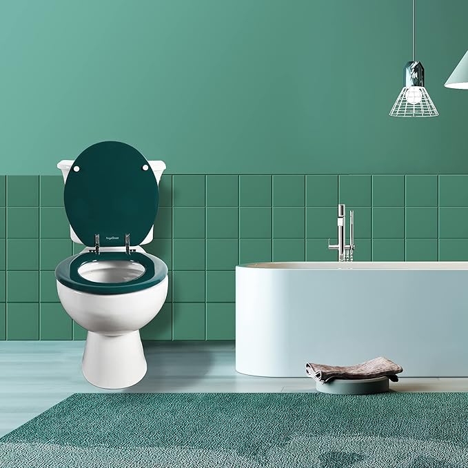 Dark Green Round Toilet Seat Natural Wood Toilet Seat with Zinc Alloy Hinges, Easy to Install also Easy to Clean, Scratch Resistant Toilet Seat by Angol Shiold (Round, Dark Green)