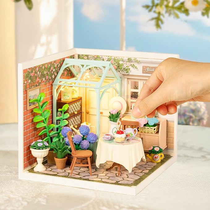 ROBOTIME Super Creator Toy Building Set DIY Miniature House Kit with LED Tiny Room Making Kit Expandable Plastic Craft Toy for Creative Play Home Decor Unique Hobby Gift (Blooming Tea Garden)