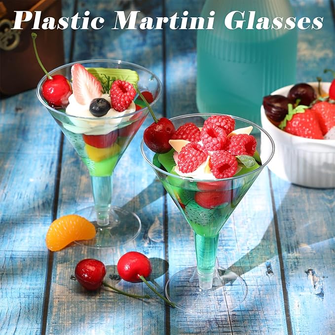 Yinkin 50 Pcs 7 oz Plastic Martini Glasses Disposable Clear Cocktail Dessert Parfait Glasses Unbreakable Mini Martini Cups for Wedding Party Bowl Wine Ice Cream (Stem)