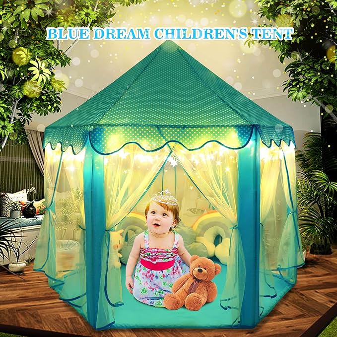 wilwolfer Princess Tent for Boys Fairy Castle Play Tents for Kids Toddler, Hexagon Kids Playhouse, Princess Toys & Gift for Girls Aged 3+ for Indoor & Outdoor Play (Blue)