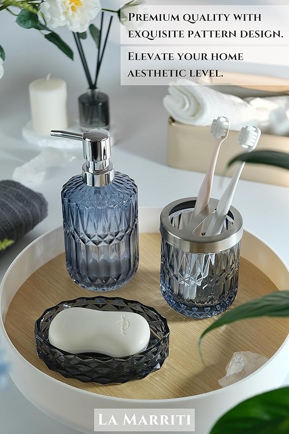 LaMarriti Blue Bathroom Accessories Set, 4Pcs Clear Glass Bathroom Accessories, Lotion Soap Dispenser Set, Toothbrush Holder, Qtips Holder, Soap Dish for Crystal Modern Bath Decor, Set