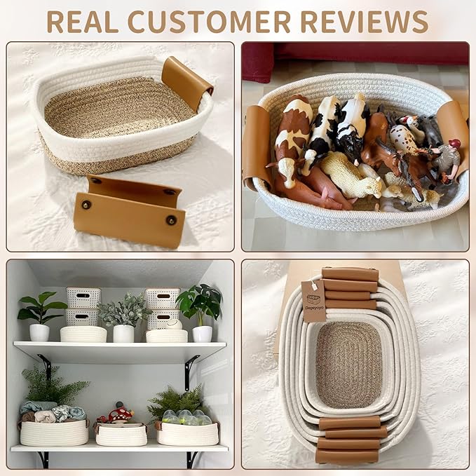 Storage Baskets for Organizing, Small Woven Basket Set of 6 - 4 Shelf Basket with Leather Handle and 2 Small Gift Baskets, Cotton Rope Basket for Shelves, Nursery, Dog Toy, Bathroom