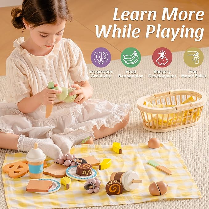 ROBOTIME Wooden Play Food Sets for Kids Kitchen, 14 PCS Toy Food Pretend Play Picnic Basket with Fruits, Desserts, Drinks & Utensils, Play Kitchen Food for Indoor & Outdoor Camping Fun, Ages 3+