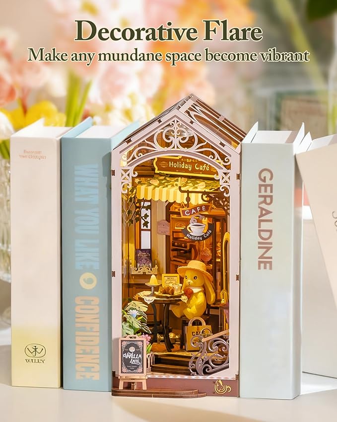 ROBOTIME DIY Book Nook Kit Holiday Café, 3D Wooden Puzzle Miniature Coffee Shop with LED Light, Creative Bookshelf Decor Diorama Kit for Adults, Unique Gift Idea