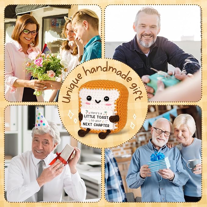 Glydein Funny Retirement Gifts for Women Men - Mini Positive Handmade Crochet Toast with Retirement Card“Next Chapter”, Cute Retired Present Desk Decor Keepsake for Coworker Teacher Boss Mom Dad