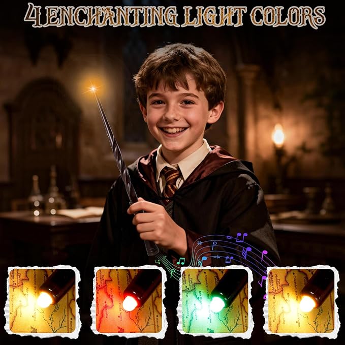 KingGlee Light Up Wizard Magic Wand Set with Sounds & 4 Light Modes – Illuminating Witch Wands for Kids Cosplay Birthday Gift, 2PCS, Brown