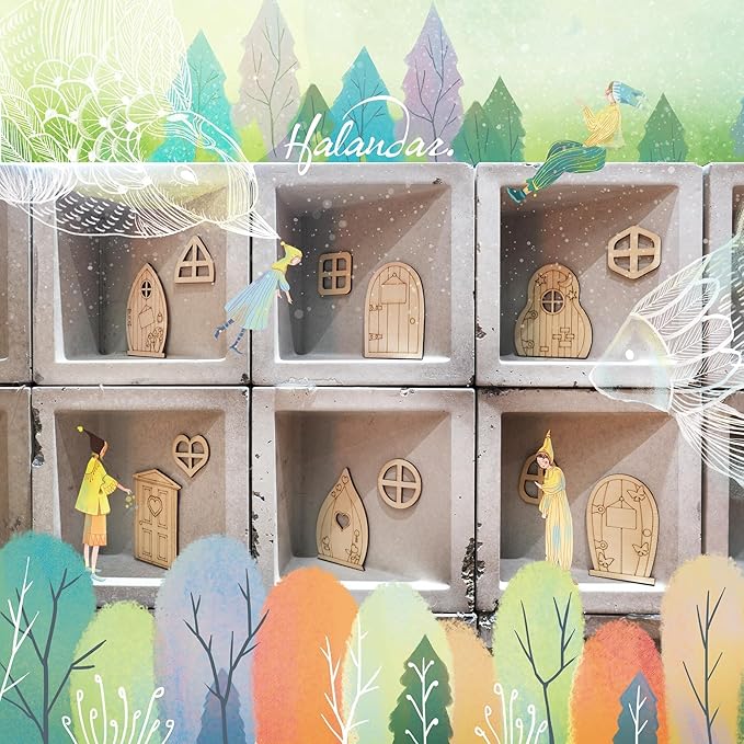 Halandar 56 Pcs Fairy Door & Window Craft Kit - Wooden Garden Doors, Mini Fences, Unpainted Miniature Accessories for Home Party Event Decor - DIY Fairy House Decorations (Classic)