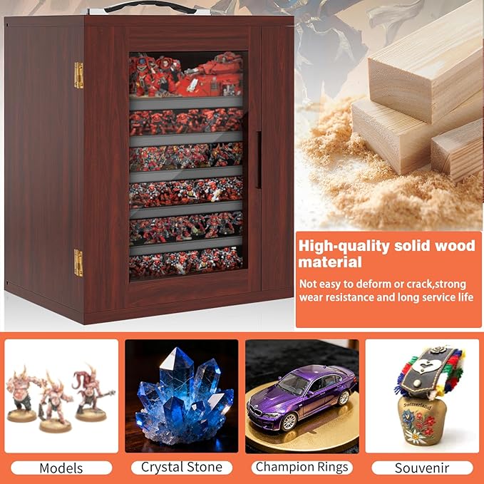 Miniature Storage Case for Collectibles, Miniature Display Cases with Magnetic Door and 6 Trays, Clear View Miniatures Transport Case (Mahogany)