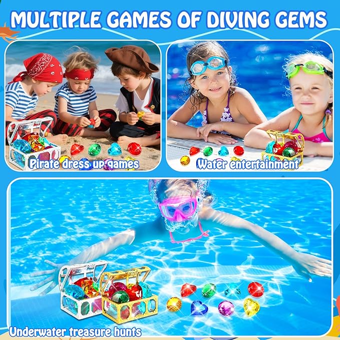 MARFOREVER 12 Pcs Large Dive Gems, Big Colorful Diamond Gems for Kids with 2 Pirate Treasure Chest Boxes Mesh Bag Underwater Pool Sinking Gems Crystal for Boys Girls Swimming Beach Bathroom Water Toys
