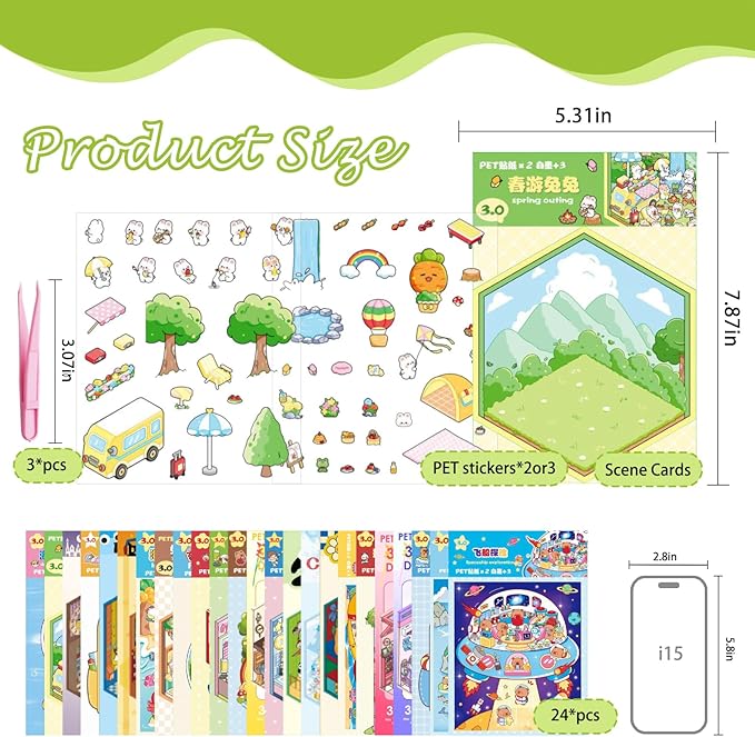 24 Sets 3D Scene Sticker Therapy Fun Cartoon Make Your Own Room Shop Scenes DIY House Stickers for Kids Cartoon Animal Relief Stress Own