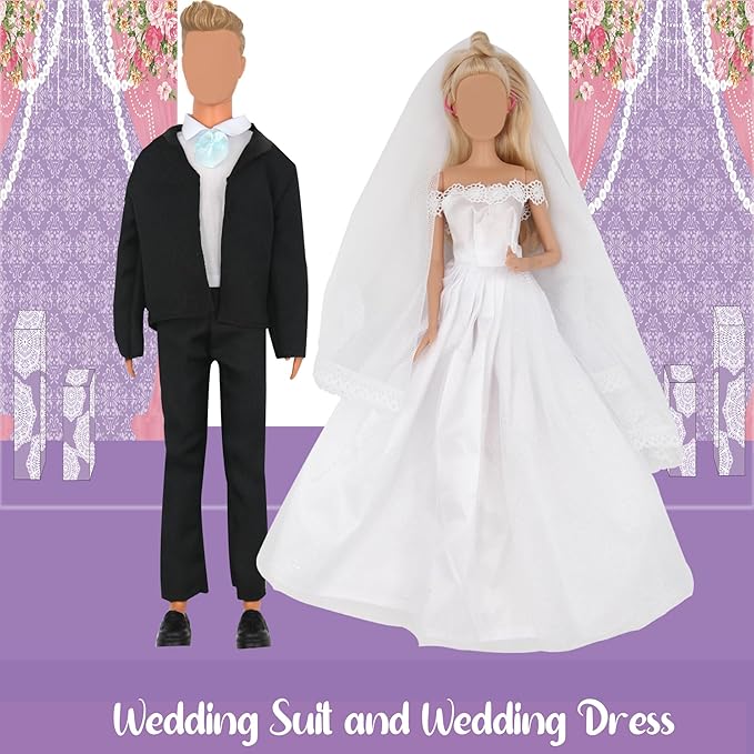 33Pcs Doll Clothes and Accessories for 12 Inch Boy and GirlDoll, Includes 20 Wear Clothes Shirt Jeans Suit and Wedding Dresses, Glasses Earphones Dog and Bike for 12'' Boydoll Girldoll