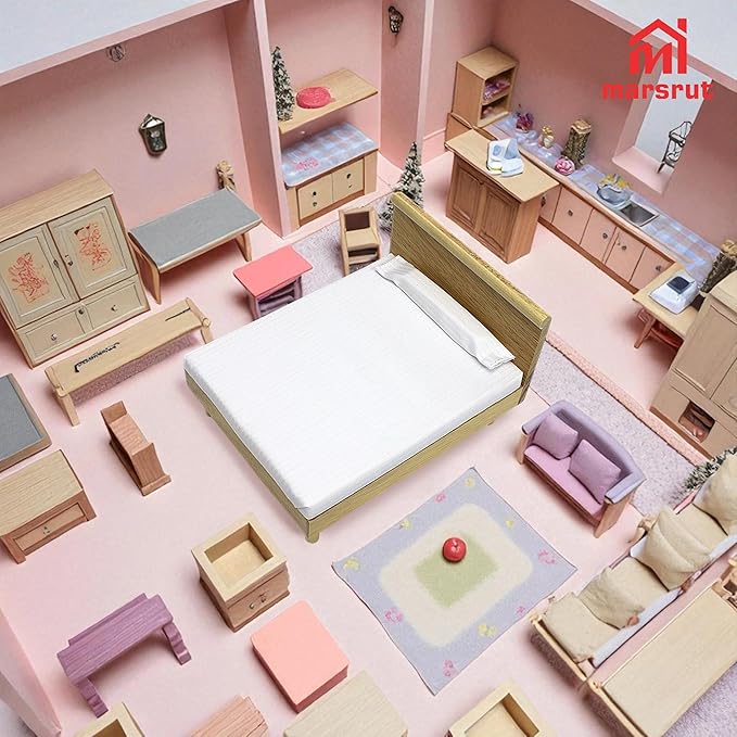 Doll House Bed Miniature 1:12 Dollhouse Bedroom Furniture for 6 Inch Dolls Wooden Single Beds with Bedding Fabric, 1/12 Scale Vintage Victorian Mini Accessory DIY Scene Decoration Home Props Modern