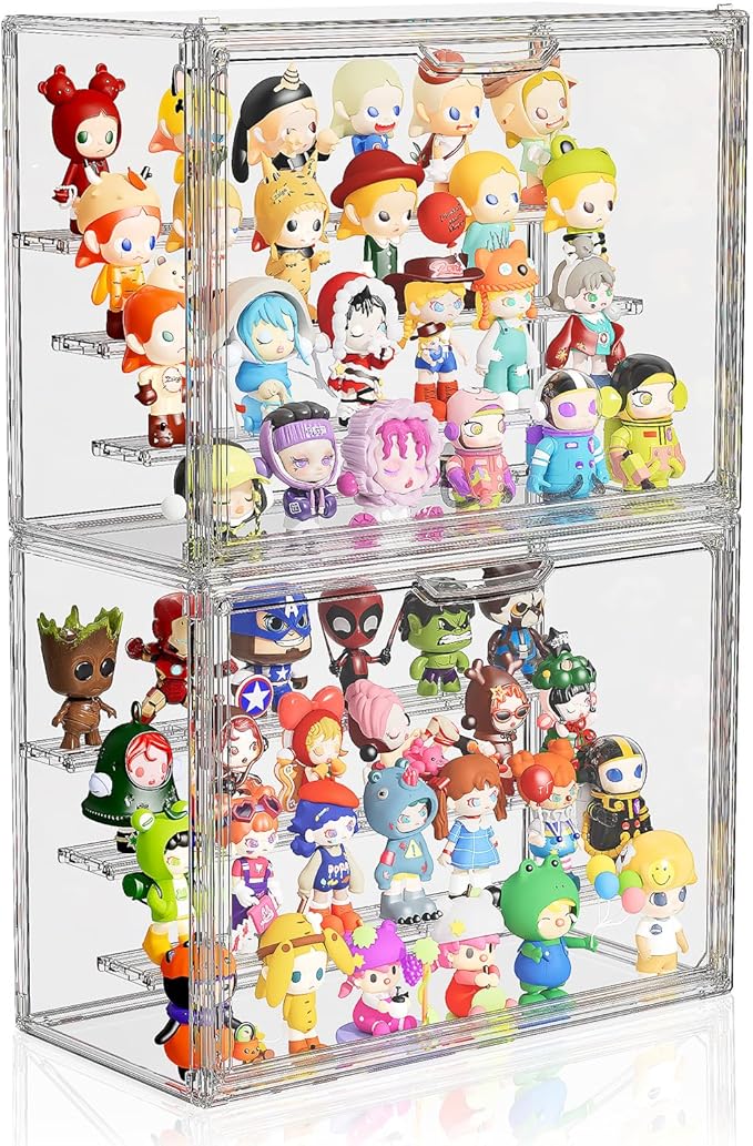 Clear Acrylic Display Case for Collectibles 4 Layer Hobby Figure Display Case Box with Shelves Stackable Figurine Display Shelf for Funko Pop Mart Labubu Model, 2 Pack