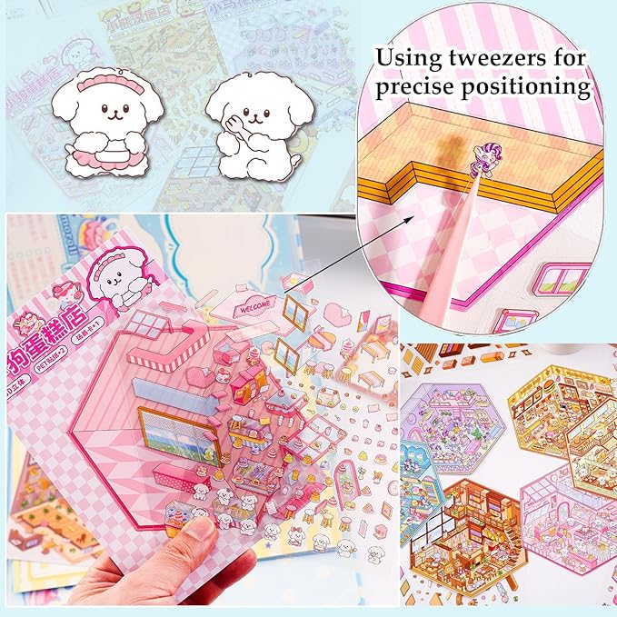 DIY 3D House Sticker, Stocking Stuffer, 6 Sets of Sticker Make Your Own Mini Shop Scenes Stickers for Kids Kawaii Cartoon Scene Stickers for Adult Relief Stress, Holiday & Christmas Fun