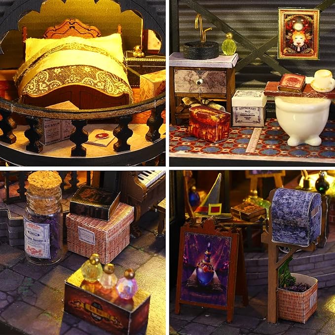 Spilay Dollhouse Miniature with Furniture,DIY Wooden Crafts Magic Doll House Mini Handmade Kit,1:24 Scale Creative Room Idea Gift (Luna's Maqic House with Dust Cover Music Box)