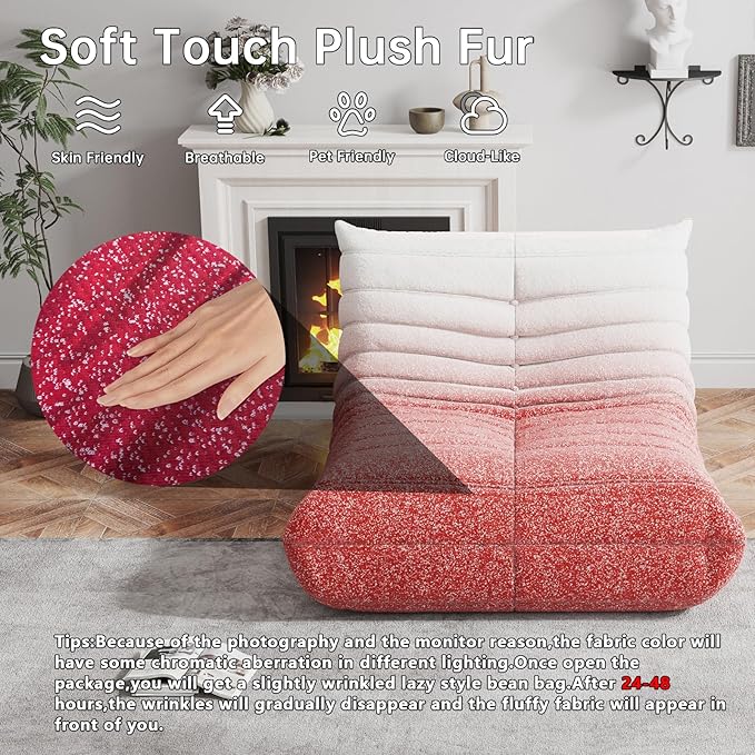 Memory Foam Bean Bag Chair for Adults, Teddy Material Beanbag Sofa with Filler, Cozy Floor Lounge Seat for Living Room, Bedroom, Dorm, Office (Pink White)