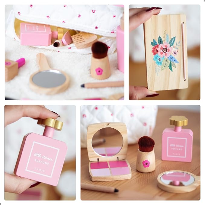 UMU® Wooden Pretend Makeup Kit for Toddlers – Realistic Toy Beauty Set for Girls with Lipstick, Mirror, Perfume, Powder & Cosmetic Bag – Play Makeup for Kids Ages 3 4 5 6