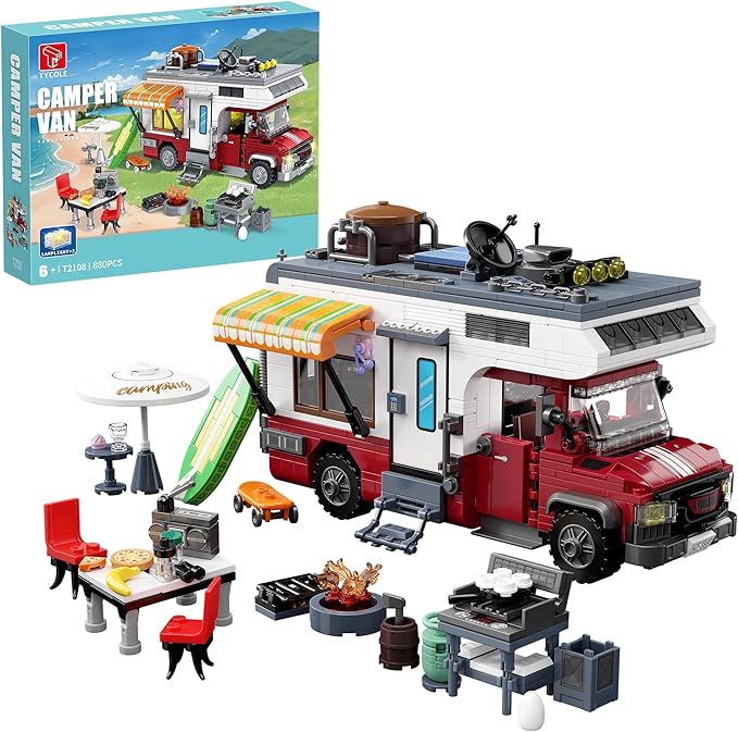 City Camper Van Building Set-Beach Camping Themed Construction Toy Kit with Mini Accessories&Lights, RV Car Model Compatible with Legos,Birthday Gift for Adults and Kids 6+(880 pcs)
