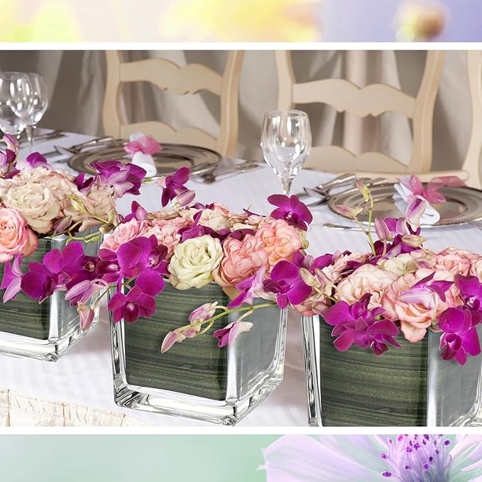 Kritkin 24 Pcs Square Glass Vases 4 x 4 Inch and 4 Rolls 3 Inch x 30 Yards Leaf Floral Ribbon Clear Glass Cube Vase Square Flower Vases for Centerpieces Candle Holders for Home Table Wedding Events