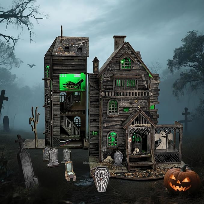 3D Wooden Puzzle Haunted House Model Set - Miniature Haunted House Kits with Led Accessories Furniture, Suitable for Adults and Teenagers to DIY Halloween Horror Doll House Craft Gifts.