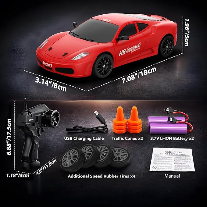 Remote Control Car RC Drift Car 2.4GHz 1:24 Scale 4WD 15KM/H High Speed Model Vehicle with LED Lights Drifting Tire Racing Sport Toy Car for Adults Boys Girls Kids Gift 2Pcs Rechargeable Batteries