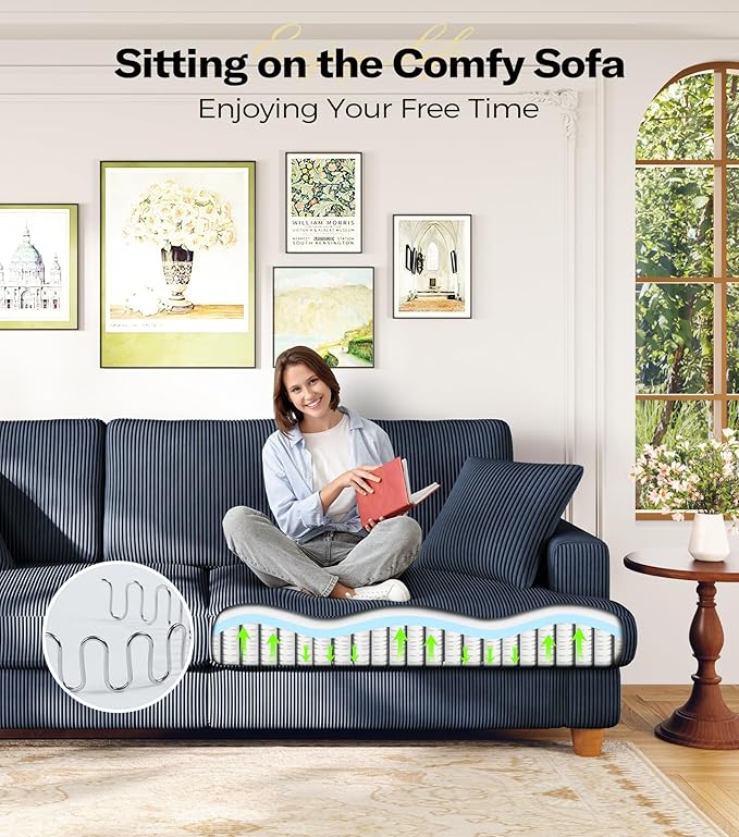 Kidirect 87in Corduroy Couch, Sofa No Tool Assembly, Comfy Couches for Living Room 21in Deeper Seats, Corduroy Sofas for Living Room with 2 Pillows, Oversized Loveseat Sofa, Boho Love Seat Blue Couch