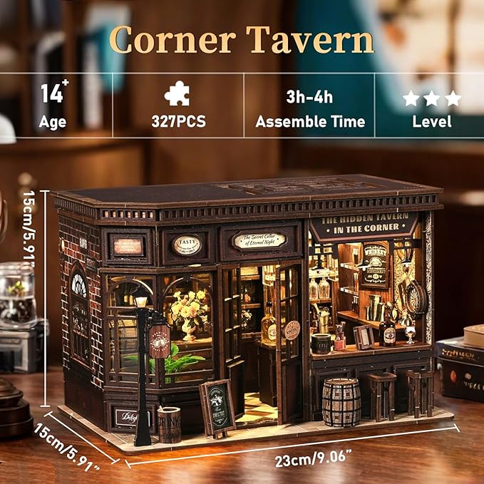 Hallisun DIY Miniature House Kit, Mini 3D Wooden Corner Tavern Building Kit with Furniture and LED, Tiny Diorama Dollhouse Model Set, Handmade House Craft Birthday for Adults Teens