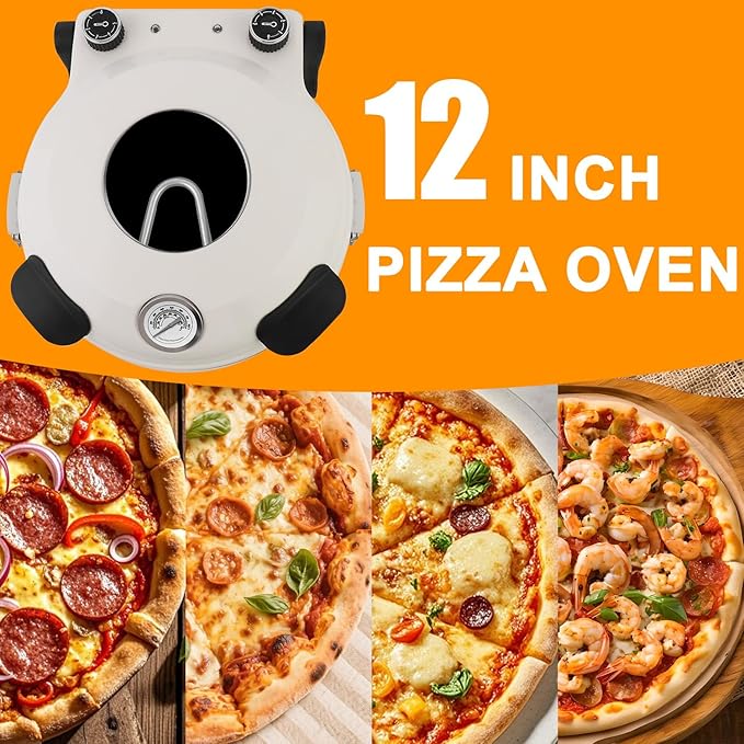 ECUMFFY Pizza Oven Indoor, 12 Inch Retro Pizza Maker, Rapid Heating 800˚F, 1200W Glazed Ceramic Stone Electric Pizza Cooker, Two-button Precise Temperature Control, Viewing Window for Precise Cooking