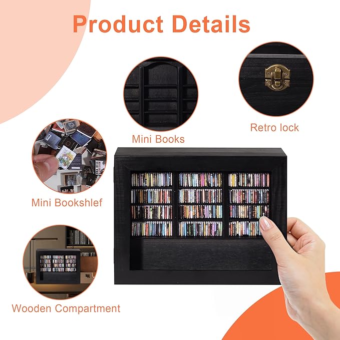 Anxiety Relief Swing Bookshelf – Includes 300 Mini Books, Mindfulness Stress-Free Wooden Anxiety Bookshelf, Suitable for Home and Office Decor, Mini Library & Unique Gift.（Black）