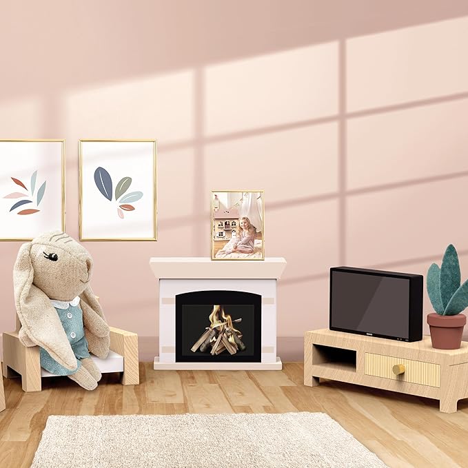 SPEEDY MONKEY Cozy Dollhouse Living Room Playset with Bunny – Miniature FSC Wooden Furniture Sofa, TV – Pretend Play Fully Furnished Farmhouse Accessories for Kid, Toddler, Girl – Doll House Decor Toy